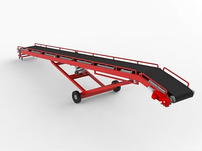 Industrial Mobile Conveyor Belt with Red Frame and Black Conveyor Surface 3d model