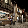 Ancient Chinese Commercial Street With Traditional Shops Signs And Stone Pavement