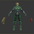 Armored Character In Green And Red Armor With Helmet And Weapons 3D Model Standing Pose