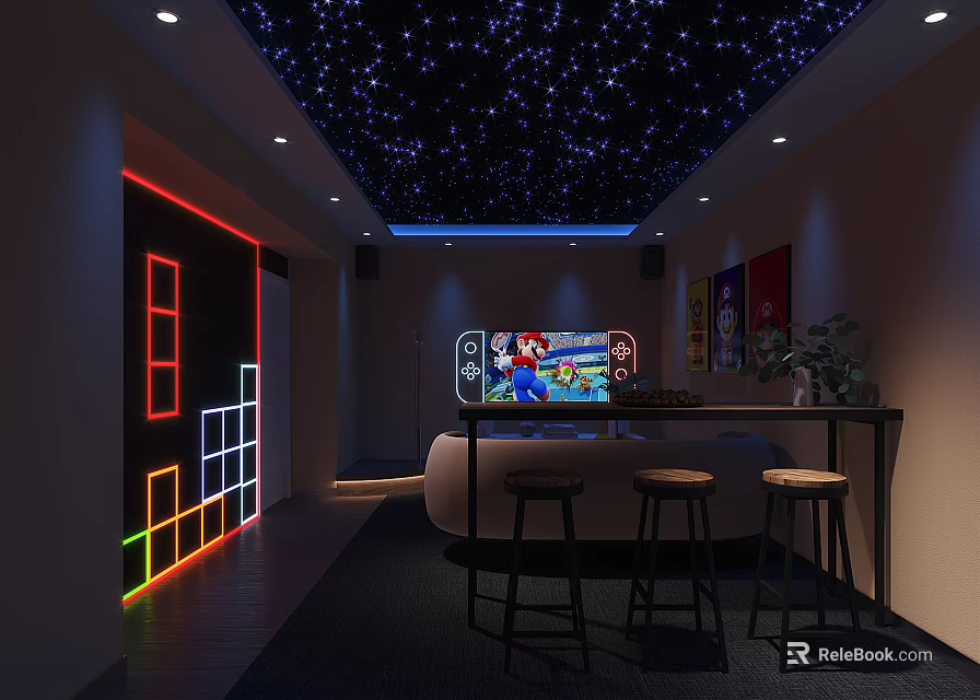 Modern Entertainment Room With Starry Sky Ceiling Neon Lights TV Bar And Stools 3d model 