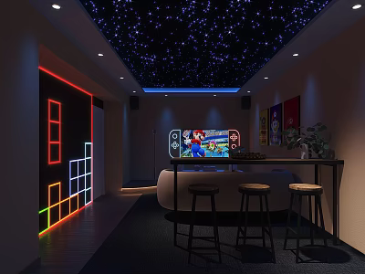 Modern Entertainment Room With Starry Sky Ceiling Neon Lights TV Bar And Stools 3d model