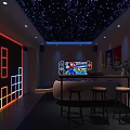 Modern Entertainment Room With Starry Sky Ceiling Neon Lights TV Bar And Stools