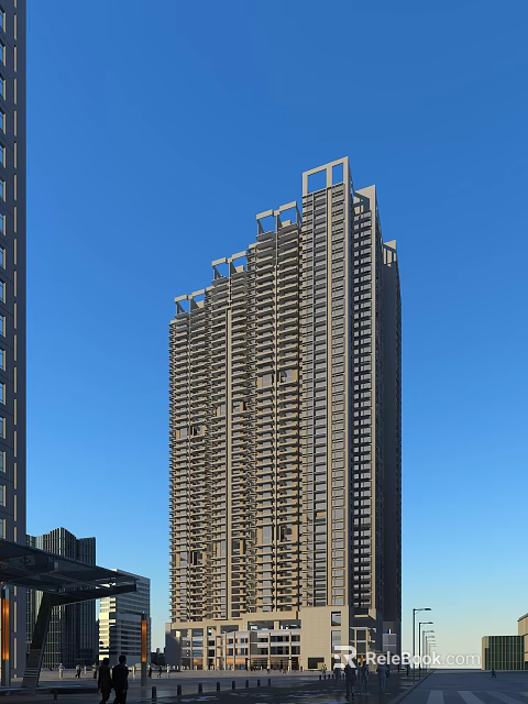 Modern Office Building Tall Structure With Glass Curtain Walls And Blue Sky Background 3d model 