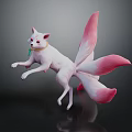 White Nine Tailed Fox Character With Pink Tails Green Collar Jumping Posture
