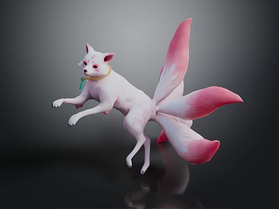 White Nine Tailed Fox Character With Pink Tails Green Collar Jumping Posture 3d model