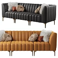 Orange And Gray Leather Three Seater Sofa With Vertical Striped Design And Decorative Pillows