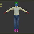 Man in blue shirt dark jeans and white sneakers with arms outstretched against gray background