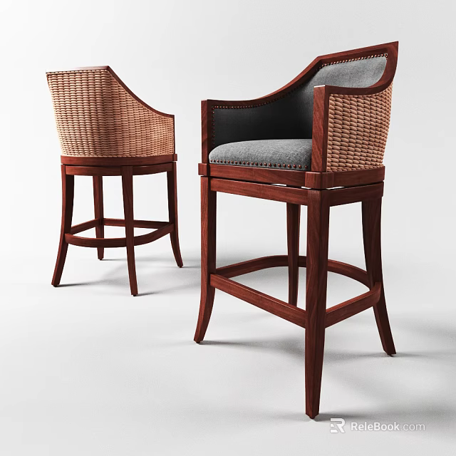 Wooden Frame Bar Stools With Woven Backrest And Gray Fabric Cushion 3d model 