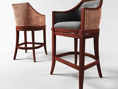Wooden Frame Bar Stools With Woven Backrest And Gray Fabric Cushion 3d model