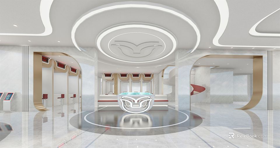 Modern Bank Interior Design With Circular Ceiling Reception Counter Spacious Layout And Bright Lighting 3d model 
