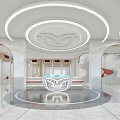 Modern Bank Interior Design With Circular Ceiling Reception Counter Spacious Layout And Bright Lighting