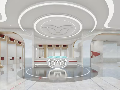 Modern Bank Interior Design With Circular Ceiling Reception Counter Spacious Layout And Bright Lighting 3d model