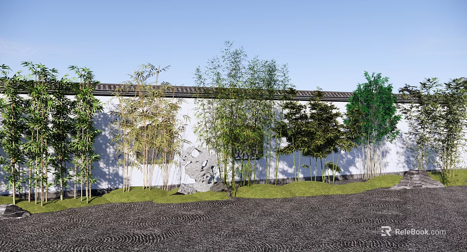 Bamboo Plants Growing Along White Wall With Gray Stone And Green Grass 3d model 