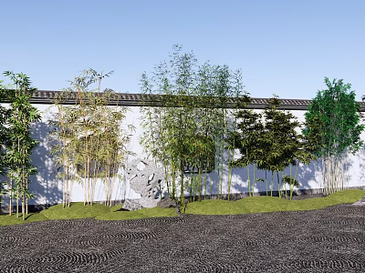 Bamboo Plants Growing Along White Wall With Gray Stone And Green Grass 3d model