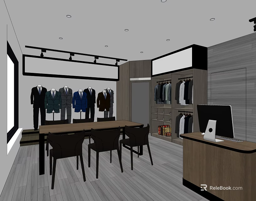 Modern Clothing Store Interior With Men's Suits Display Wooden Tables And Cashier Counter 3d model 