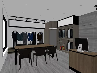 Modern Clothing Store Interior With Men's Suits Display Wooden Tables And Cashier Counter 3d model