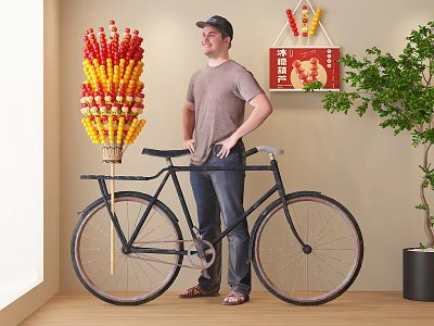 Red and Yellow Candied Hawthorns on Bicycle Display by Vendor with Hanging Sign and Plant 3d model