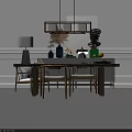 Elegant Wooden Dining Table With Four Chairs Decorative Vases And Pendant Light