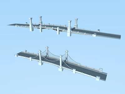 Two Different Bridge Designs Featuring Suspension Cable Structure And Pillars For Roadway 3d model