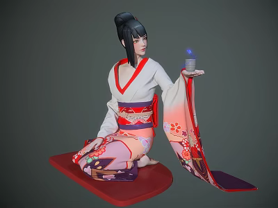Traditional Japanese Kimono Character Kneeling With Red Pink Floral Patterns Holding Glowing Object 3d model