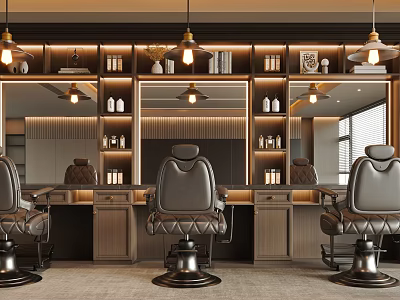 Luxury Modern Barbershop Interior Design With Comfortable Leather Barber Chairs And Warm Relaxing Ambient Lighting 3d model