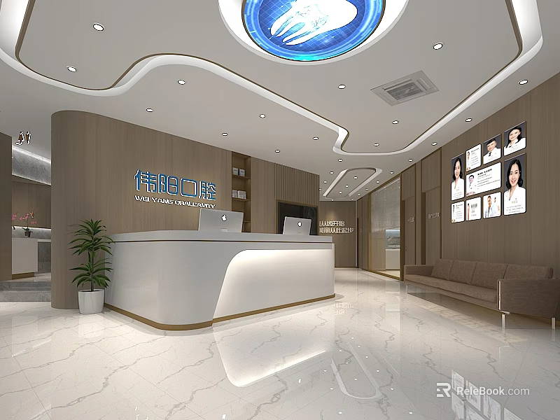 Modern Reception Desk Interior Design With Marble Floor Sofa Green Plant Lighting And Decorative Paintings 3d model 