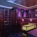 Modern KTV Room With Red Leather Sofas Illuminated Coffee Tables And Purple Lighting