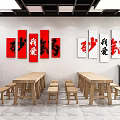 Sizzling Clay Pot Restaurant With Red Black Calligraphy Artworks Wooden Tables And Benches