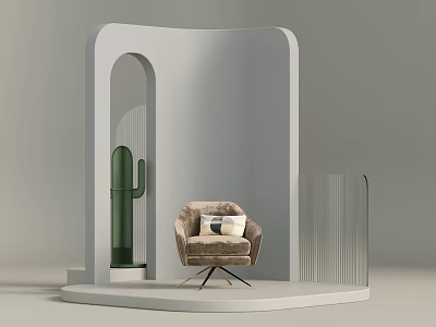 Beige Armchair with Pillow on Modern White Display Platform Featuring Green Cactus and Arched Structure 3d model