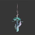 3D Rendered Plant With Blue Flower Slender Stem Pink Lines Purple Leaves Dark Background Reflection