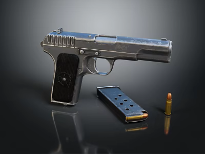Vintage Silver Metallic Pistol with Magazine and Single Bullet on Black Surface 3d model