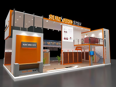 SUKYARD Exhibition Booth Design With Two Level Structure Orange White Display Cabinets And Stairs 3d model
