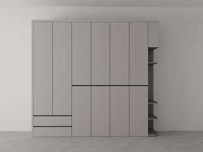 Modern Light Gray Wardrobe Interior Design With Cabinet Doors Drawers And Open Shelves 3d model