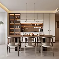 Modern Open Concept Restaurant Interior With Dining Table Chairs And Pendant Lights 3d model