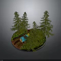 Blue Car Parked On Dirt Path Among Pine Trees And Green Grass