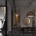 Modern Garden Space With White Walls Wooden Door Decorative Painting Circular Mirror Stones And Water