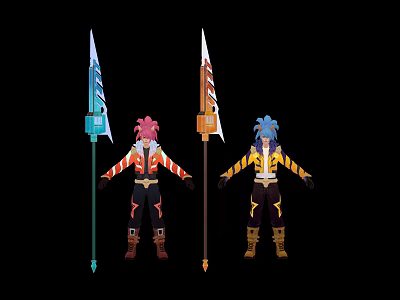 Two Fantasy Characters With Pink Blue Hair Holding Decorated Flags And Unique Outfits 3d model