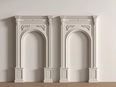 Double White Classical Carved Door Arches With Decorative Details On White Wall And Wooden Floor 3d model