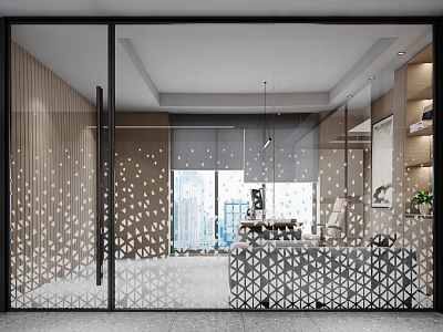 Modern Interior Design with Glass Door Geometric Pattern Sofa and Wooden Elements 3d model