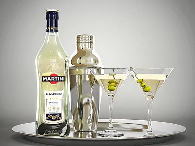 Martini Bianco Bottle Cocktail Shaker and Martini Glasses with Olives on Silver Tray Gray Background 3d model