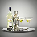 Martini Bianco Bottle Cocktail Shaker and Martini Glasses with Olives on Silver Tray Gray Background