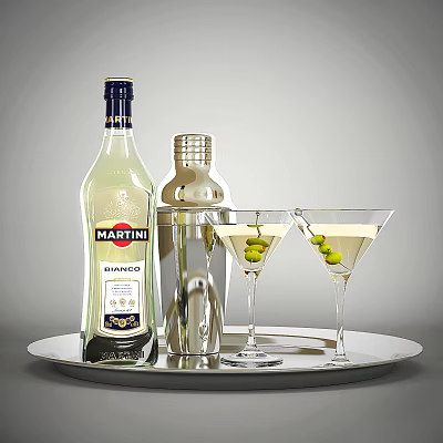 Martini Bianco Bottle Cocktail Shaker and Martini Glasses with Olives on Silver Tray Gray Background 3d model