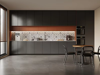 Modern Break Room Interior With Black Cabinets Tile Backsplash Table Chairs And Coffee Machine 3d model