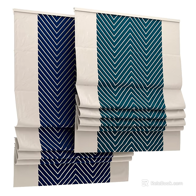 Navy And Teal Herringbone Pattern Curtains With White Panels Stacked Neatly 3d model 