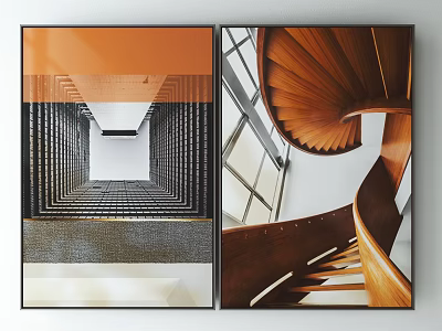 Modern Architecture Art Prints With Symmetrical Corridor And Spiral Wooden Staircase 3d model