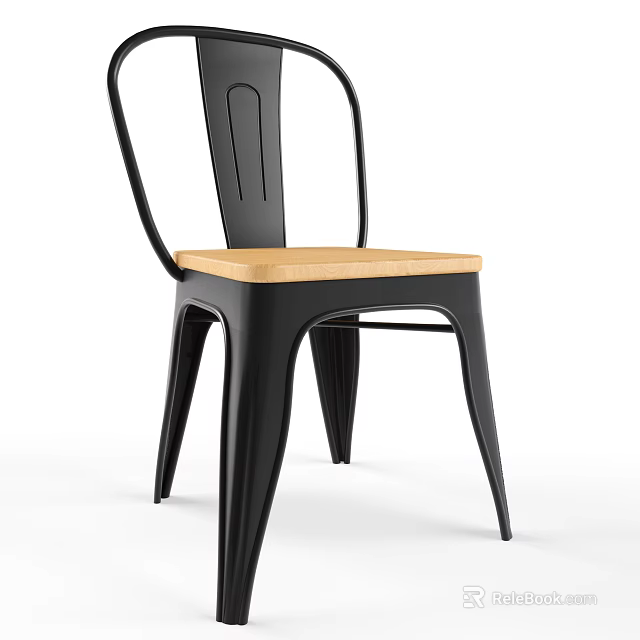 Modern Industrial Dining Chair Design With Black Metal Frame And Wooden Seat 3d model 