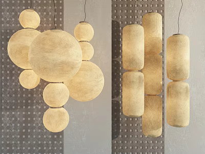 Natural Beige Circular And Cylindrical Pendant Lights Hanging On Perforated Gray Wall 3d model
