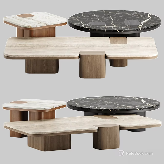 Modern Dining Tables With Marble Tabletop And Wooden Base In Round And Rectangular Shapes 3d model