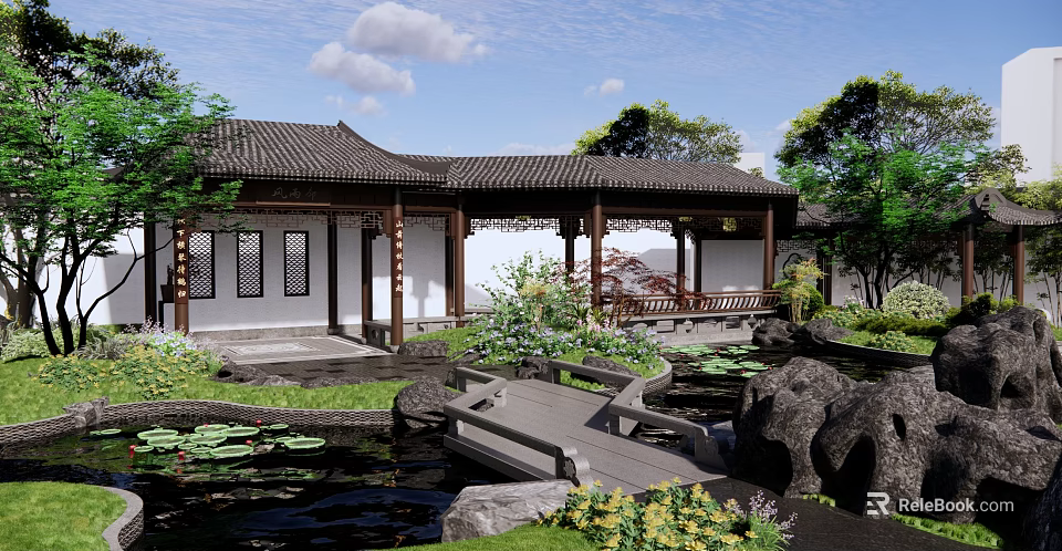 Rockery Stones in Traditional Chinese Garden with Stone Bridge Lotus Pond and Pavilion 3d model 
