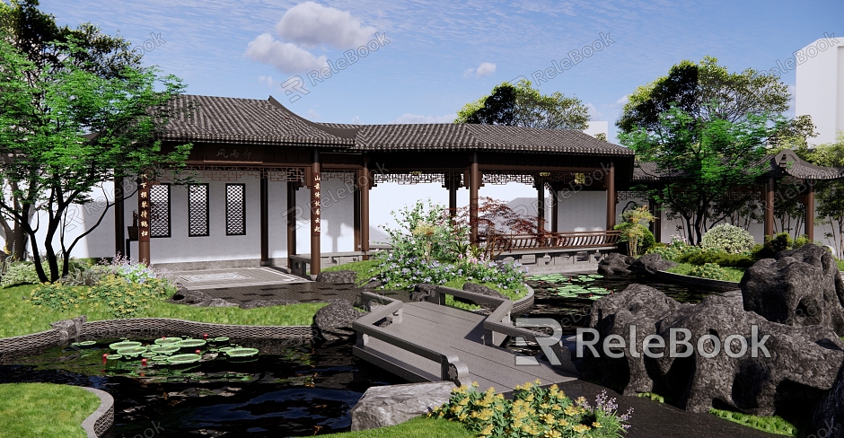 New Chinese-style courtyard demonstration area landscape rockery landscape stone bridge water gallery pavilion water pavilion corridor garden pool model